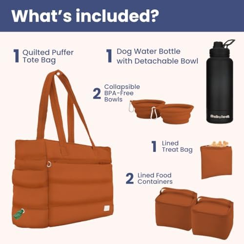 Rubyloo Dog Mom Essentials Bundle - Puffer Tote with Storage Containers (Rust) and 32 oz Water Bottle with Detachable Bowl (Solid Black) - Travel Bag and Hydration Set - Image 2