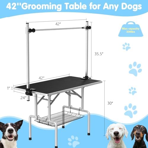 Lyromix 42'' Foldable Dog Grooming Table with Arms/Nooses/Mesh Tray, Black - Image 6