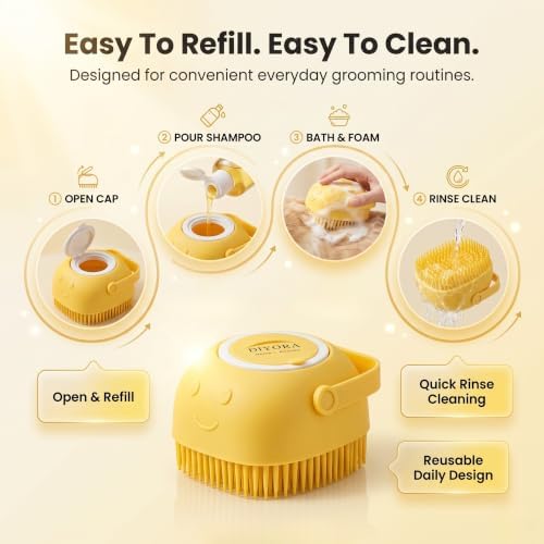 DIYORA Pet Shampoo Brush, 2-in-1 Silicone Bath Brush with Soap Dispenser for Dogs & Cats, Grooming, Massaging, Shedding & Deep Cleaning Tool for Short Hair, Long Hair & Small Pets(Yellow) - Image 6