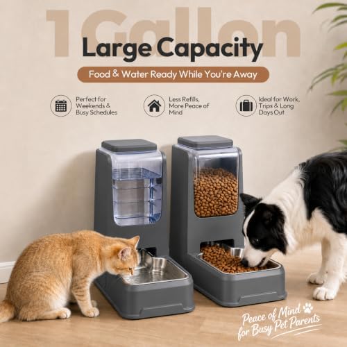 Automatic Cat Feeder and Water Dispenser Set with Stainless Steel Bowls, Gravity Dog Food and Waterer Large Capacity Pet Feeder for Small Medium Kitty Puppy, Gray - Image 2