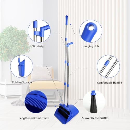 Broom and Dustpan Set, Long Handle Lightweight Dustpans with Broom Combo for Home, Indoor&Outdoor Sweeping for Home Room Kitchen Office Lobby (Dark Blue) - Image 5