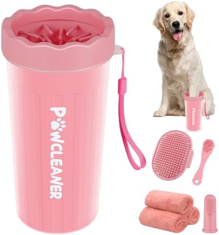 Professional 7 in 1 Dog Paw Cleaner for Dogs - Includes 1 Portable Paw Washer, 1 Bath Brush, 2 Dog Toothbrushes and 3 Absorbent Towels Note: Fits Paws 2.5 to 3.5 Inches Wide (Large, Light Pink) by Comotech