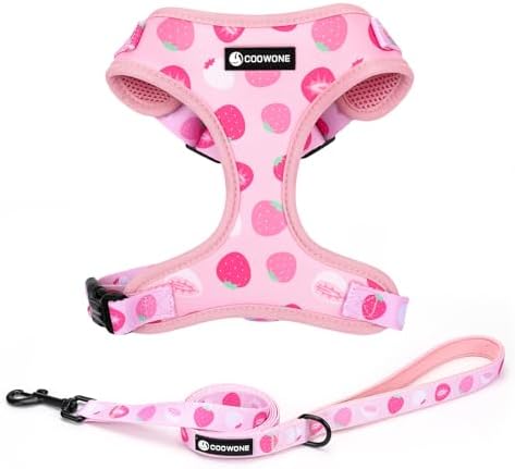 Dog Harness and Leash Set, Adjustable Dog Harness, Dog Leash, No Pull No Choke Puppy Harnesses for Walking Training for Small Medium Pet (Strawberries, L(Chest 18.5-27.1", Neck 14.5-20.1")) by COOWONE