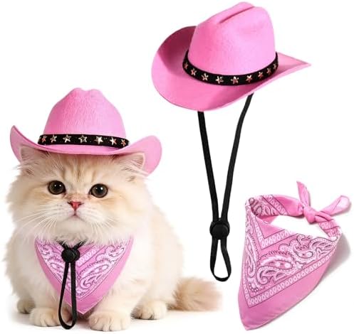 Pet Cowboy Costume, Dog Cowboy Hat with Bandana Scarf, Adjustable Cat Cowboy Hat for Party Cosplay Christmas, Halloween Cowboy Costumes for Small Pet Dogs Cats (Pink, Small) by Unknown