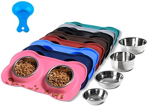 Hubulk Pet Dog Bowls 2 Stainless Steel Dog Bowl with No Spill Non-Skid Silicone Mat + Pet Food Scoop Water and Food Feeder Bowls for Feeding Small Medium Large Dogs Cats Puppies (M, Pink) by Hubulk
