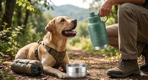 Dog Travel Water Bottle with Bowl – PuppiLovePets 3-in-1 Portable Dog Water Bottle 32oz, Stainless Steel, 2 Detachable Cups, Leak-Proof, BPA-Free – Hiking, Walking & Camping – Ivory - Image 5