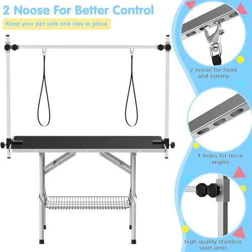 Lyromix 42'' Foldable Dog Grooming Table with Arms/Nooses/Mesh Tray, Black - Image 2