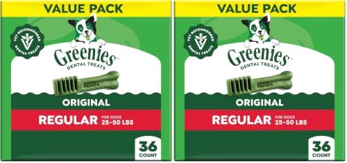 Greenies Veterinarian-Recommended Adult Natural Dental Dog Treats Regular Size, Dog Dental Chews, Original Flavor, 36 oz. Pack, 36 Count (Pack of 2) by GREENIES