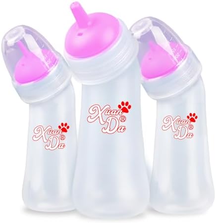 Pet Feeding Bottle,3 Pack Wide Mouth Angled Nursing Bottle, 3 Sizes Nipples with Ventilation Valve Resistant Tearing Perfect for Puppies, Kittens, Small Wildlife(Pink) by XuanDa