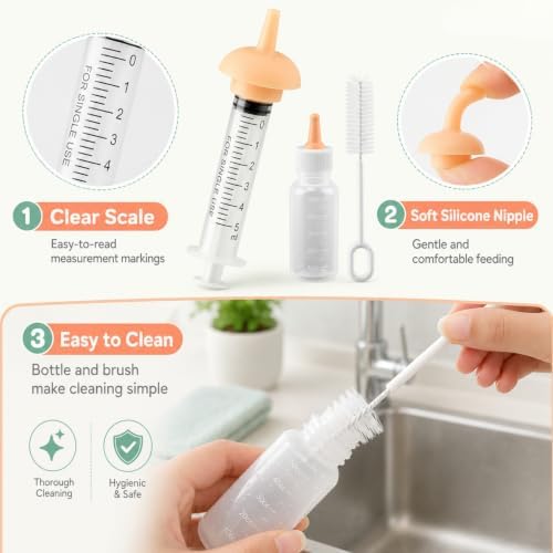 Pet Nursing Kit, Kitten Bottle Feeding Set with Silicone Nursing Nipples, Liquid Syringes, Formula Dispenser, Measuring Cup & Cleaning Brush for Newborn Puppies, Kittens & Other Small Animals - Image 4