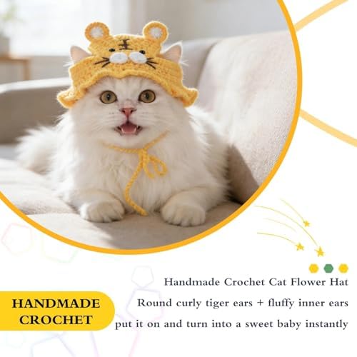 Tiger Cat Hat, Cotton & Soft Cute Knitted Hats for Cats Birthday Party Spring Christmas Puppy Hat for Small Pets (Yellow, M) - Image 4