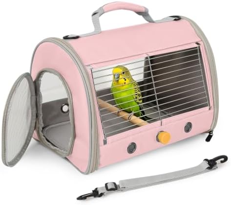 Small Bird Travel Carrier, Wire Grid Window Bird Bag to Carry Cockatiel Parakeet Budgies with Standing Perch (Pink, Cylinder Design - Steel Window) by halinfer