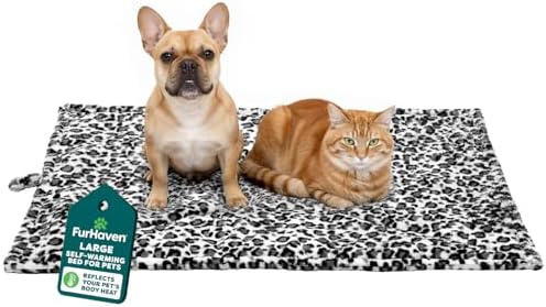 Furhaven ThermaNAP Self-Warming Cat Bed for Indoor Cats & Large/Medium Dogs, Washable & Reflects Body Heat - Quilted Faux Fur Reflective Bed Mat - Snow Leopard, Large by FurHaven