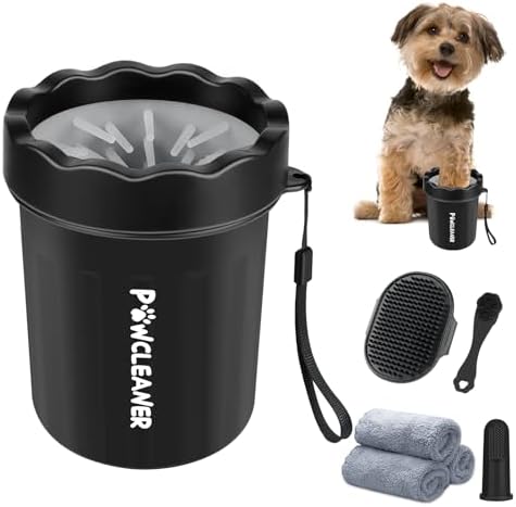 Professional 7 in 1 Dog Paw Cleaner for Dogs & Cats - Includes 1 Portable Paw Washer, 1 Bath Brush, 2 Dog Toothbrushes and 3 Absorbent Towels Note: Fits Paws up to 2 Inches Wide (Small, Black) by Comotech