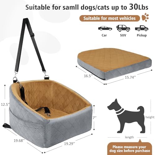 NEEZUKAR Dog Car Seat for Small Medium Dogs,Detachable Washable Dog Booster Seat Under 30lbs, Pet Car Seat Travel Bed with Storage Pockets and Dog Safety Belt(Grey/Brown) - Image 2