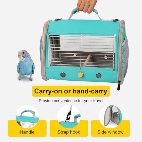 Small Bird Travel Carrier, Wire Grid Window Bird Bag to Carry Cockatiel Parakeet Budgies with Standing Perch (Green, Cylinder Design - Steel Window) - Image 4