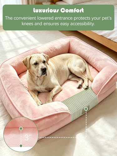Spotted Play Orthopedic Dog Bed with Sides - Sofa Beds for Extra Large Dogs, Supportive Foam Pet Couch Bed with Washable Removable Cover, Waterproof Lining and Non-Slip Bottom, Pink - XL - Image 3