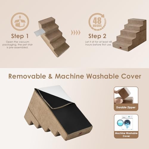 EHEYCIGA Dog Stairs for High Bed 25" H, Extra Wide Dog 5-Step, Camel - Image 7