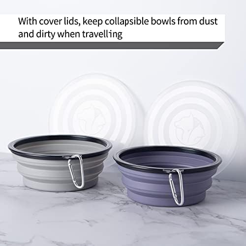 SLSON Dog Bowls Pet Collapsible Bowl with Cover Lids,2 Pack Dog Travel Bowls Portable Foldable Cat Water Dish Bowl for Pets Walking Parking Camping (Taro Purple and Concrete Gray, Large) - Image 2