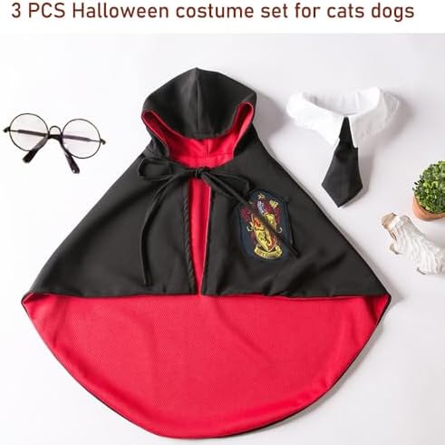 ANIAC 3PCS Halloween Dog Costume Cat Wizard Cape Glasses and Necktie Set Halloween Puppy Outfit Pet Academy Magician Cosplay Apparel for Kitten Cat Small Dogs (Black+Red, Large) - Image 4