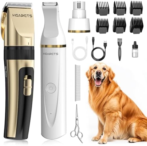 HEAPETS Dog Hair Clippers for Grooming Kit and Dog Paw Trimmer Nail Grinder for Grooming, Low Noise Rechargeable Cordless, Shaver Grooming Supplies for Pet Cats Dogs (Gold, White) by Heapets