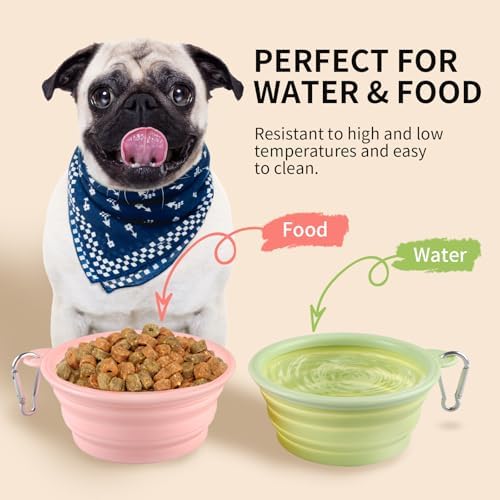Collapsible Dog Bowls 2-Pack, Portable Travel Dog Bowl with Carabiner, Food-Grade Silicone Pet Bowl for Hiking, Walking (Macaron Pink and Green) - Image 3