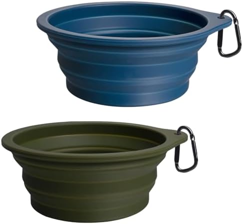 PetBonus 2-Pack Large Silicone Collapsible Dog Bowls, 34oz/1000ml BPA Free Portable Foldable Travel Bowl for Pet Cat, Food Water Feeding Dish for Camping with 2 Carabiners (Army Green, Navy Blue) by Petbonus