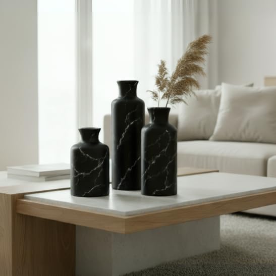 Creative Scents Black Marble Look 3pc Vase Set – Boho Vases for Decor, Modern Vases for Holding Pampas Grass, Dried/Fresh Flowers, Vases for Living Room - Kitchen, Bedroom, Office, Shelf Decor - Image 4