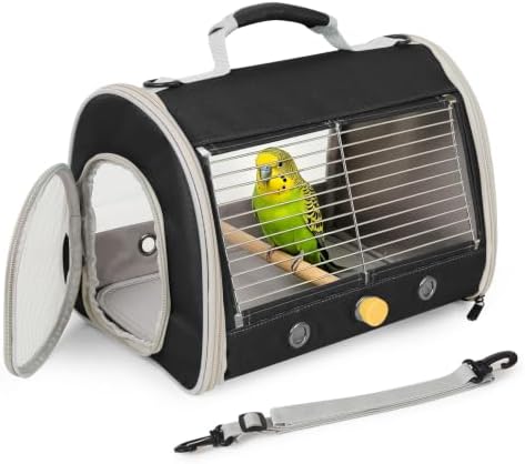 Bird Travel Carrier, Wire Grid Window Small Bird Bag to Carry Cockatiel Parakeet Budgies with Standing Perch (Black, Cylinder Design - Steel Window) by halinfer