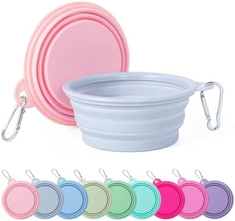 SLSON Collapsible Dog Bowl, 2Pack Macaron Color Pet Travel Bowls Silicone Foldable Water Feeder Dish for Small to Large Dogs Cat Walking Hiking Camping (Macaron Coral and Light Grey, Small) by SLSON