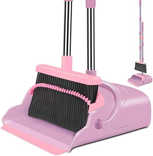 Broom and Dustpan Set for Home, Office, Indoor&Outdoor Sweeping, Stand Up Broom and Dustpan (Pink) by Kelamayi