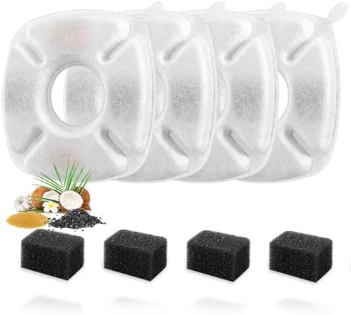 8 Pcs Cat Fountain Replacement Filters 4 Pack Cat Water Fountain Replacement Filters with 4 Pack Pre-Filter Sponges, Pet Fountain Filter Fit for 95oz/2.8L Automatic Pet Fountain Cat Water Fountain by Porens