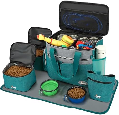 Dog Travel Bag for Pet Kit for Supplies with 2 Food Storage Containers 2 Collapsible Bowls 1 Feeding Mat 1 Dog Treat Pouch 7-Piece Set Perfect Road Trips Camping Weekend (Teal) by Unknown