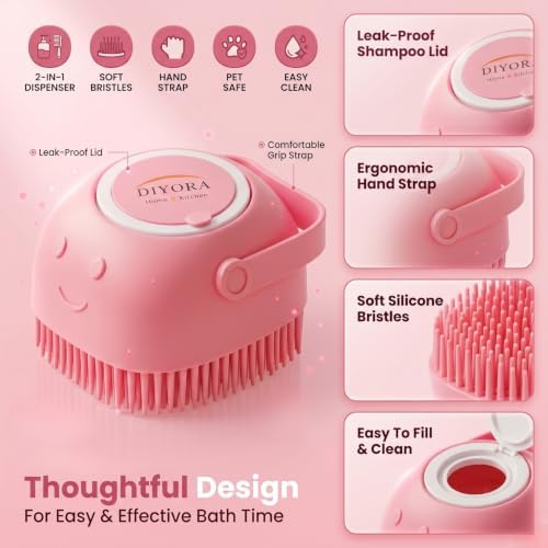 DIYORA Pet Shampoo Brush, 2-in-1 Silicone Bath Brush with Soap Dispenser for Dogs & Cats, Grooming, Massaging, Shedding & Deep Cleaning Tool for Short Hair, Long Hair & Small Pets(Pink) - Image 3