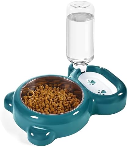 Dog Bowls, Cat Food and Water Bowl Set with Water Dispenser and Stainless Steel Bowl for Cats and Small Dogs - Dark Green by Azwraith