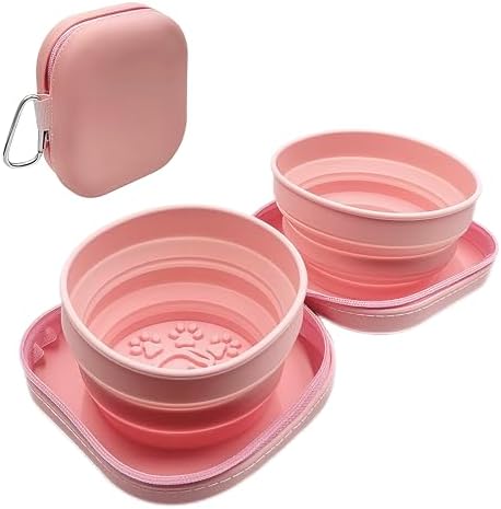 Portable Dog Bowl, Collapsible 2-in-1 Travel Dog Bowls with Carabiner Clip, Silicone Double Pet Food and Water Dish for Outdoor Camping and Hiking (Pink) by Unknown