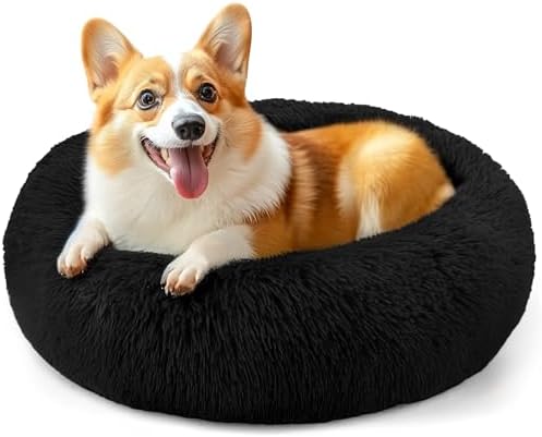 28in Large Dog Bed, Calming Donut Bed for Puppy and Kitten (Black) by Hoewina