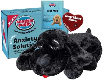 Snuggle Puppy Heartbeat Dog Toy for Puppies, Real-Feel Heartbeat, Calming Sleep Aid and Crate Training Comfort Toy with Heat Pack, Black Plush Design by SnugglePuppy