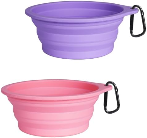 PetBonus 2-Pack Silicone Collapsible Dog Bowls, BPA Free Dishwasher Safe, Portable Foldable Expandable Travel Bowl, Food Water Feeding Cup Dish for Dogs Cats with 2 Carabiners (Purple, Pink) by Petbonus