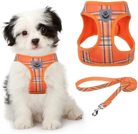 KOOLTAIL Thanksgiving Dog Harness for Small Medium Dogs,Dog Harness and Leash Set, Step in No Pull Soft Mesh Padded Adjustable and Reflective Pet Vest Puppy, Extra Harness for XS S Dogs Orange Plaid S by KOOLTAIL