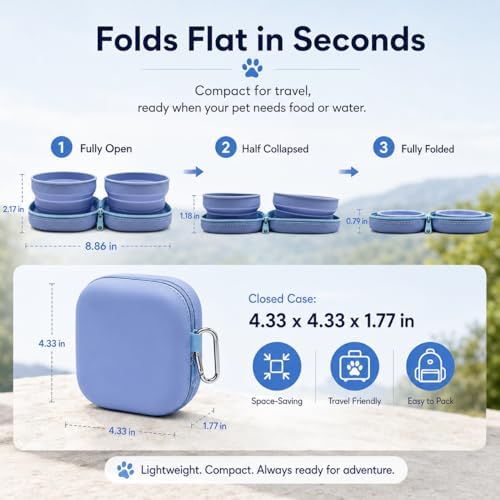 Portable Dog Bowl, Collapsible 2-in-1 Travel Dog Bowls with Carabiner Clip, Silicone Double Pet Food and Water Dish for Outdoor Camping and Hiking (Blue) - Image 3