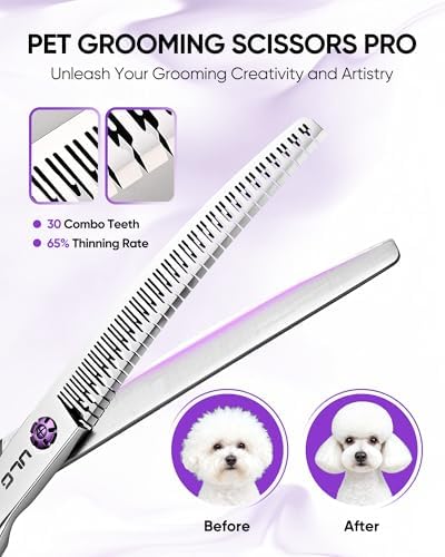 ULG 7.5” Dog Grooming Chunker Shears – 30° Curved Pet Grooming Scissors, Japanese 440C Stainless Steel, 30 Comb & Chunker Teeth, 60% Thinning Rate, Reversible Butterfly Handles for Face, Nose & Body - Image 2