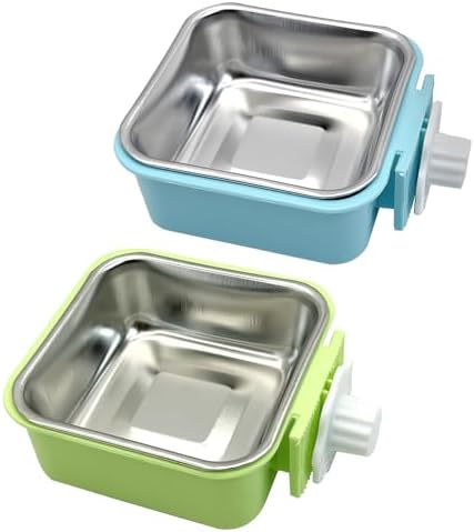 kathson Crate Dog Bowl, Removable Stainless Steel Hanging Pet Kennel Cage Bowl Food & Water Feeder Coop Cup for Puppy, Cat, Rabbit, Guinea Pigs 2pcs Small Square(Blue, Green) by kathson