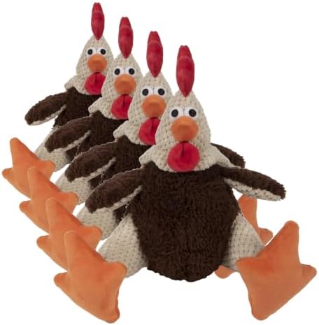 goDog, Checkers Fat Rooster, Squeaker Dog Toy, Chew Resistant, Durable Plush, Soft, Tough, Reinforced Seams, Brown, Large (Pack of 4) by goDog