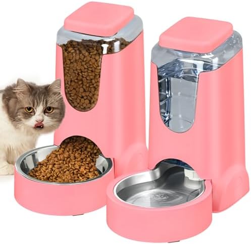 Automatic Cat Feeder and Water Dispenser with Stainless Steel Bowl Dog Gravity Food Feeder and Waterer for Small Medium Pets Puppy Kitten 1 Gallon x 2 by HWONMTEPETFEEDER