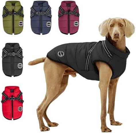 Warm Dog Winter Coat, Windproof Cold Weather Jacket, Reflective & Adjustable Black Pet Vest with Harness, Thick Polar Fleece Lining Cozy Apparel for Small Medium Dogs & Cats by Aimydog