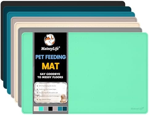 MateeyLife Dog & Cat Food Water Mat for Floors Waterproof, Nonslip Pets Bowl Feeding Mats with Raised Edges, Silicone Matt Tray for Messy Drinkers, 18"x12",MintGreen by MateeyLife