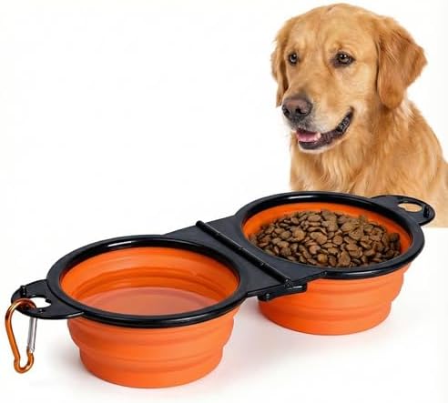 Double Collapsible Dog Bowls for Travel, Food & Water with Clip, Orange by 7CAIHOME