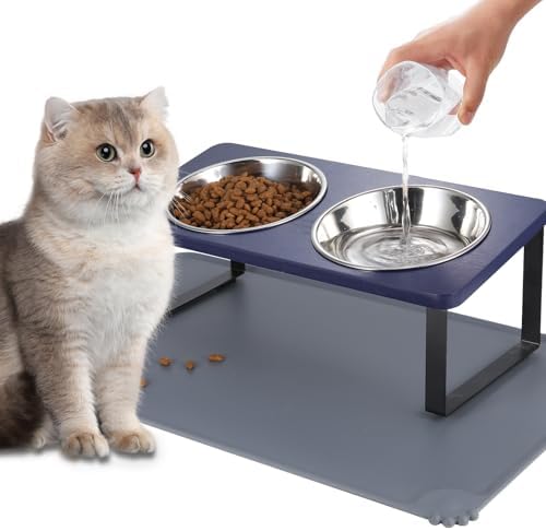 Summark Upgraded Elevated Cat Bowls with Food Mat,15°Tilted Stand Anti Vomiting Raised Cat Dishes for Food and Water,2 Stainless Steel Bowls for Cats and Puppies（Navy Blue） by Summark