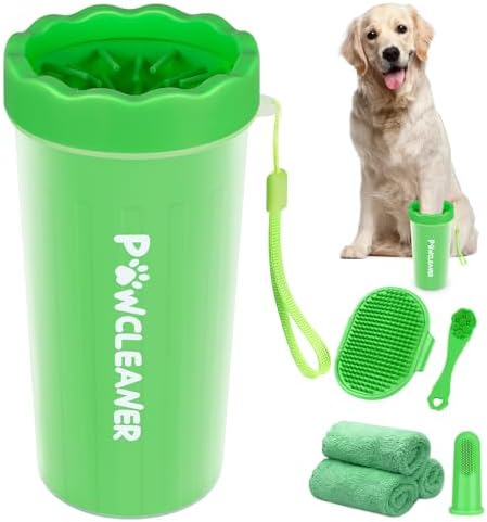 Professional 7 in 1 Dog Paw Cleaner for Dogs & Cats - Includes 1 Portable Paw Washer, 1 Bath Brush, 2 Dog Toothbrushes and 3 Absorbent Towels Note: Fits Paws 2.5 to 3.5 Inches Wide (Large, Green) by Comotech